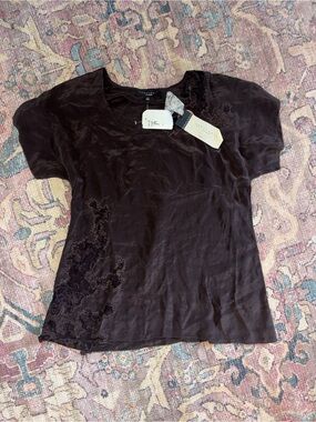 Sanctuary 100% Silk Dark Eggplant Embroidered Lace Short-Sleeve Top